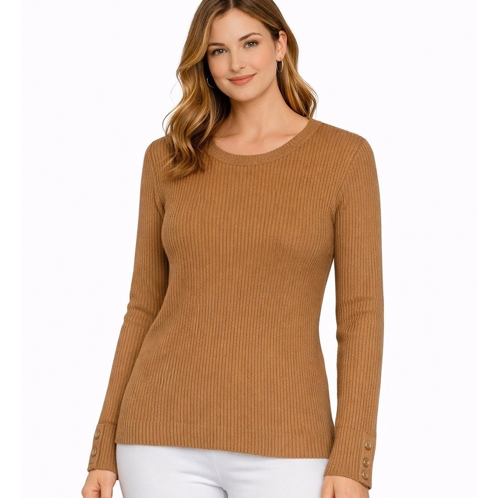 Calvin Klein Women's Sz M‎ Sweater Knit Beige Brown Ribbed Tennis Preppy Neutral